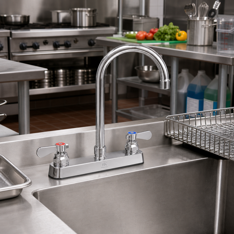 Product image #2 for BK Resources OptiFlow Heavy Duty Solid Body Deck Mount Manual Faucet with 3-Inch Gooseneck Spout, 8-Inch Centers