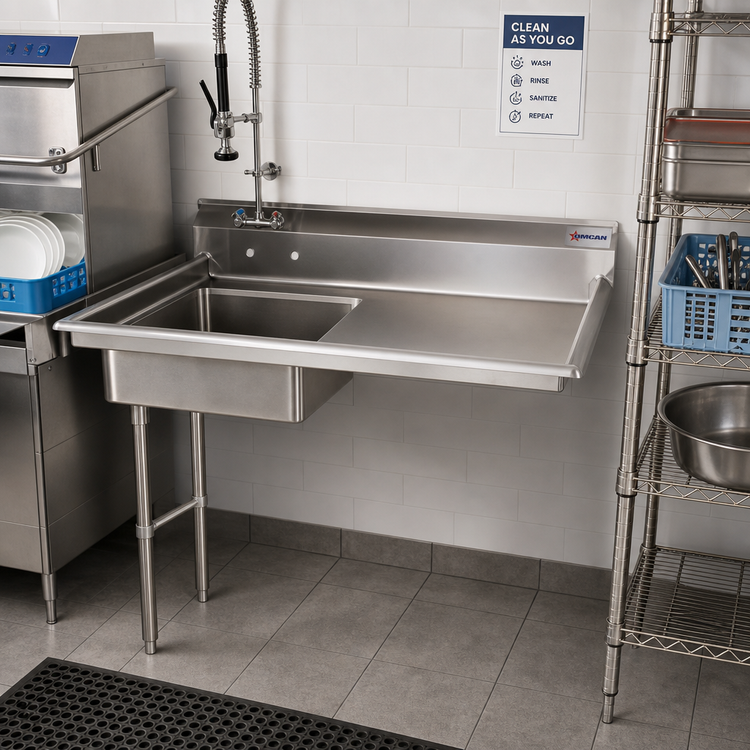 Product image #2 for Omcan USA 50 Inch Left-Hand Undercounter Soiled Dish Table with 20 x 20 x 8 Inch Pre-Rinse Sink