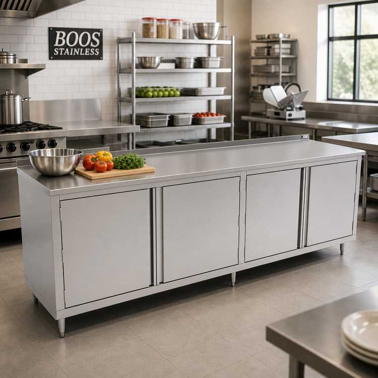 Product image #2 for John Boos 120-Inch x 30-Inch Enclosed Work Table Cabinet Base with Hinged Doors, 14-Gauge 300-Series Stainless Steel Top, and 1-1/2-Inch Rear Riser