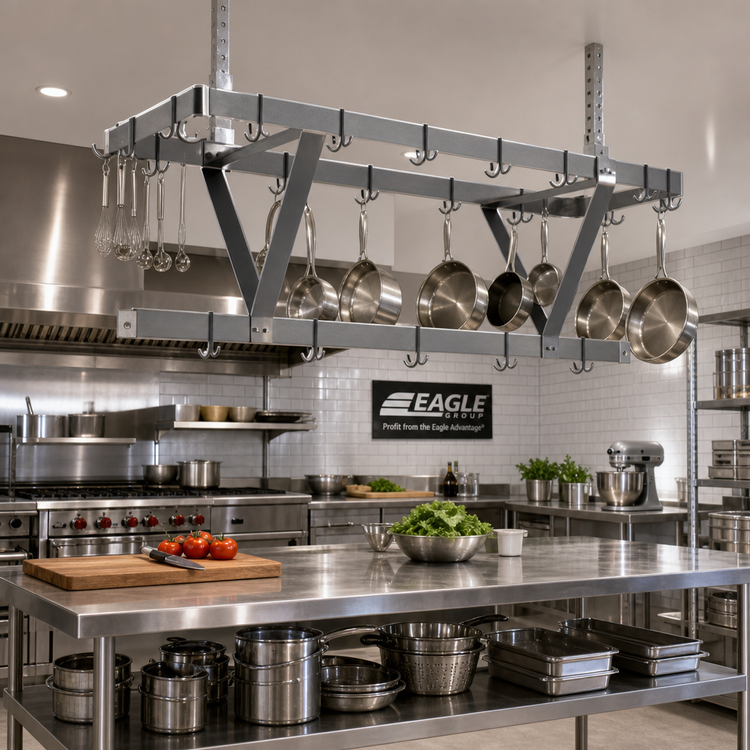 Product image #2 for Eagle Group CM144PR Ceiling-Mounted Triple-Bar Stainless Steel Pot Rack, 136 Inches Wide