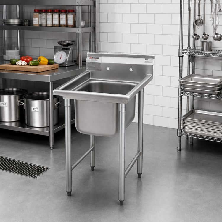 Product image #2 for Eagle Group 414 Series Commercial 1-Compartment Stainless Steel Sink with Backsplash, Legs, and Basket Drain