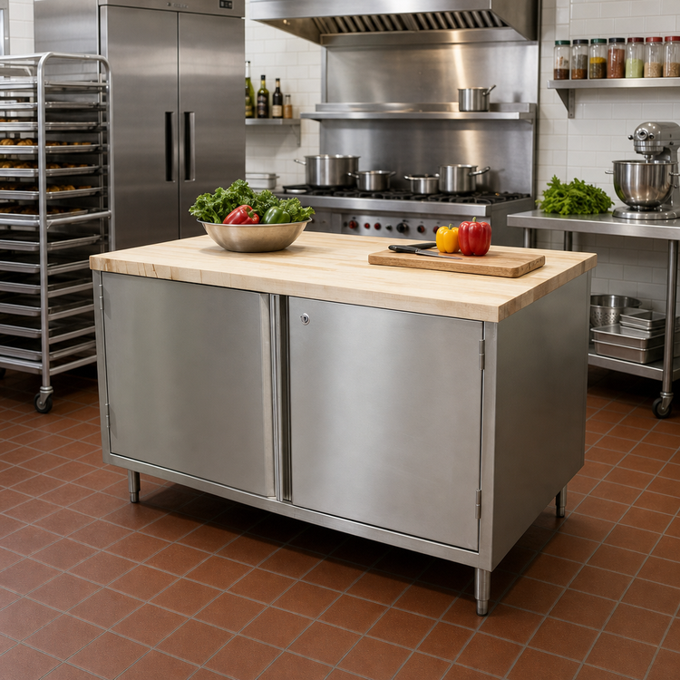Product image #2 for 60 Inch Hard Maple Top Stainless Steel Cabinet Base Chef Table with Hinged Doors and Lock