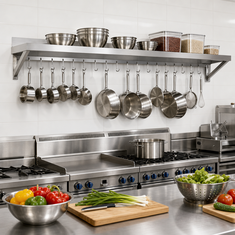 Product image #2 for 96-Inch Wall-Mount Stainless Steel Overshelf Pot Rack with 18 Double-Sided Hooks