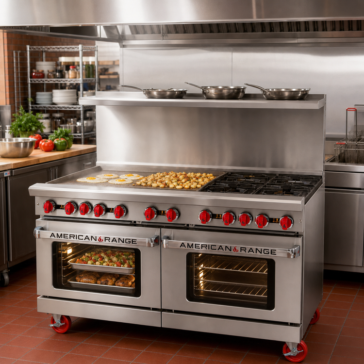 Product image #2 for American Range 60-Inch Commercial Gas Restaurant Range with 48-Inch Griddle, 2 Open Burners, Convection Oven, and Standard Oven