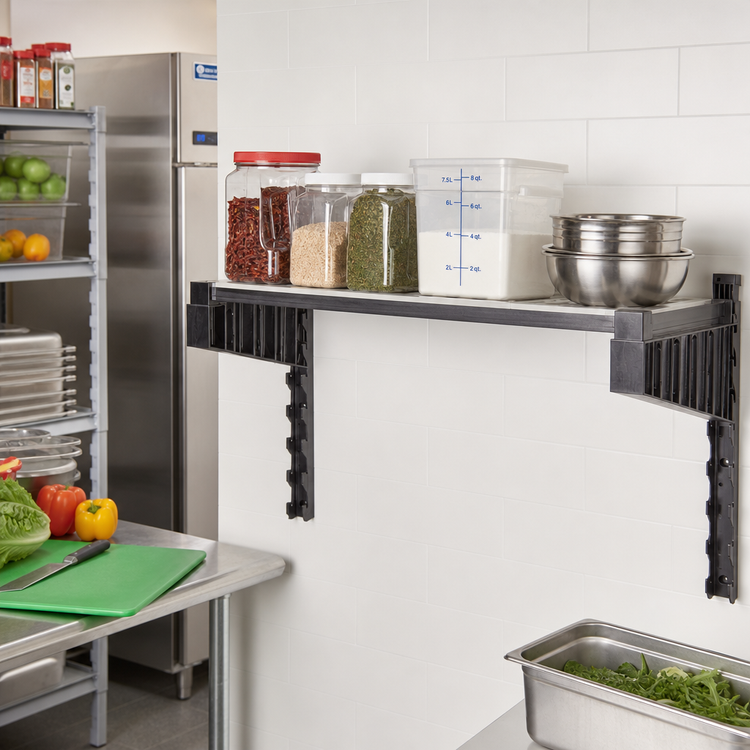 Product image #2 for Cambro Camshelving Elevation Series Wall-Mounted Vented Shelf Kit, 18 x 42 Inches, Brushed Graphite, 15-Inch Uprights