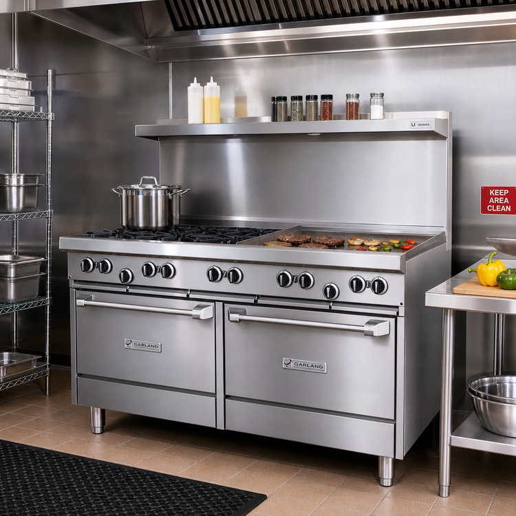 Product image #2 for Garland US Range U Series 60-Inch Gas Restaurant Range with 4 Open Burners, 36-Inch Smooth Griddle, Standard Oven and Storage Base