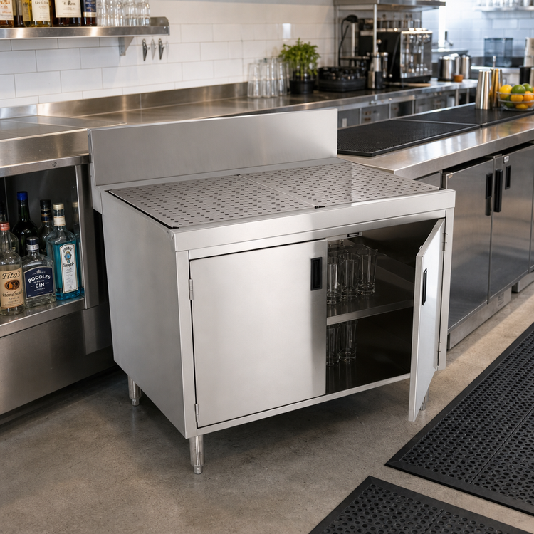 Product image #2 for Advance Tabco Prestige Supreme 30-Inch Underbar Stainless Steel Drainboard Cabinet with 7-Inch Backsplash