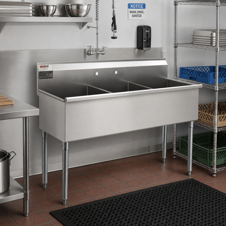 Product image #2 for Eagle Group Three-Compartment Floor Model Utility Sink, 61-3/8 Inch x 28 Inch, 16-Gauge 430 Stainless Steel, No Drainboards