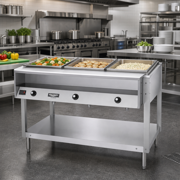 Product image #2 for Vollrath ServeWell® 3-Well Stationary Hot Food Table with Open Shelf Base, Stainless Steel