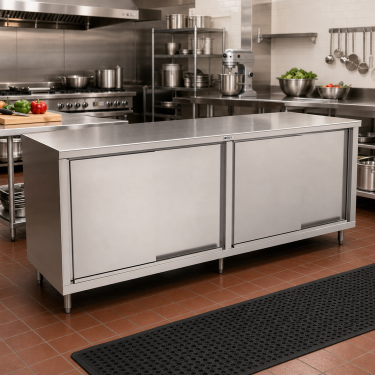 Product image #2 for John Boos Stainless Steel Cabinet Base Work Table with Sliding Doors, 144W x 36D, Flat Top