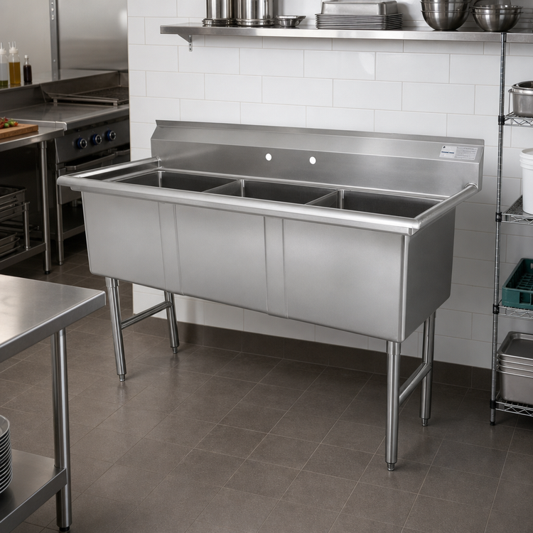 Product image #2 for Advance Tabco FS-3-2430 3-Compartment Fabricated Sink with Stainless Steel Legs, 24 x 30 x 14 Inch Bowls, No Drainboards