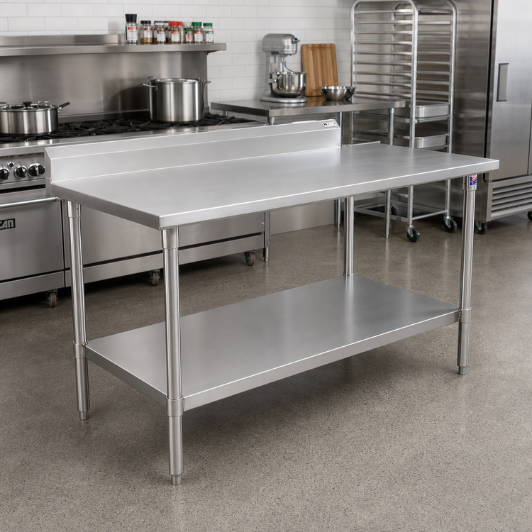 Product image #2 for John Boos Stallion 84" W x 36" D 16-Gauge Stainless Steel Work Table with 5" Backsplash and Undershelf