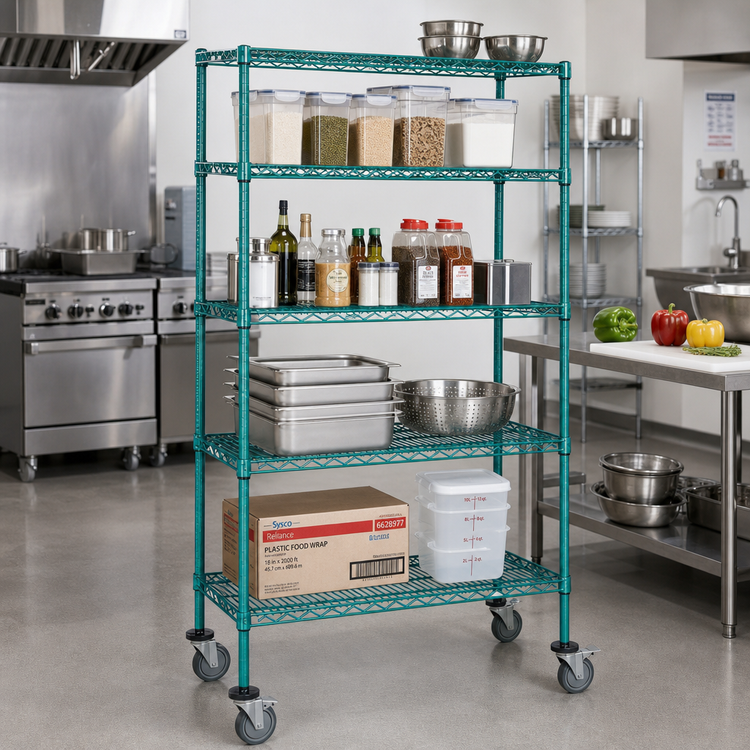 Product image #2 for Quantum 36 Inch Wide x 18 Inch Deep x 80 Inch High Mobile Wire Shelving Cart, 4 Shelves, Green Epoxy Coated