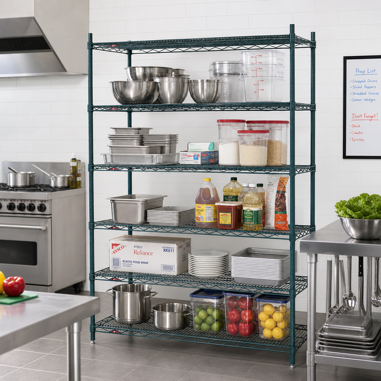 Product image #3 for Metro Super Erecta 48"W x 24"D x 74"H Stationary Wire Shelving Starter Unit, 5 Shelves, Metroseal 3 Epoxy-Coated Green