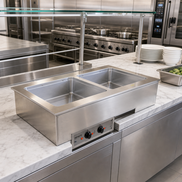 Product image #2 for Short-Sided 2-Pan Drop-In Hot Well with Auto-Fill, Manifold Drain, Infinite Controls, 120V