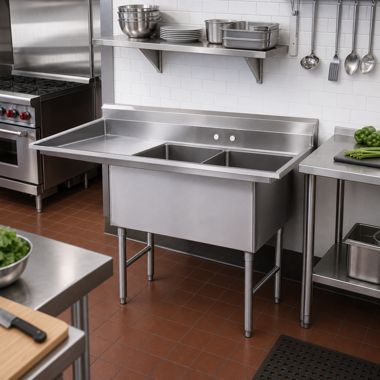 Product image #2 for Advance Tabco 2-Compartment Floor Model Fabricated Sink with 24-Inch Left Drainboard, 20 x 30 x 14-Inch Bowls, 304 Stainless Steel