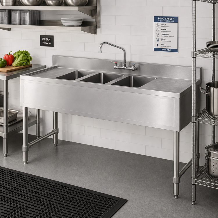Product image #2 for Klinger's Trading 60-Inch 3-Compartment Stainless Steel Deli Sink with Dual Drainboards and Faucet