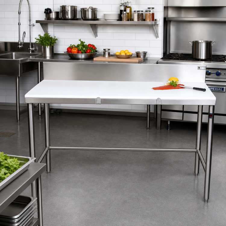 Product image #2 for John Boos 120-Inch x 30-Inch Trimming Table with 3/4-Inch Reversible Poly Top and 6-Inch Backsplash