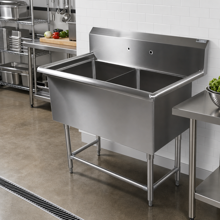 Product image #2 for John Boos Pro-Bowl 2-Compartment 14-Gauge Stainless Steel Floor Sink with 18" x 18" x 12" Bowls