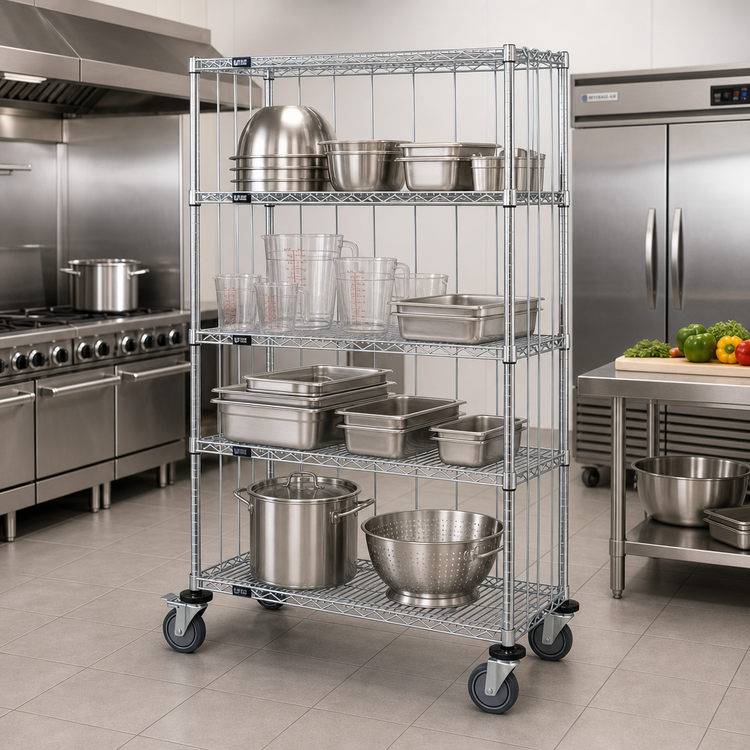 Product image #2 for Quantum Mobile Enclosure Cart with 4 Wire Shelves, Chrome-Plated Finish