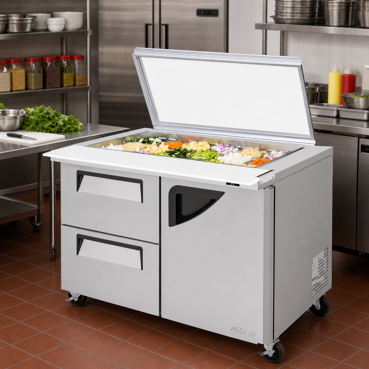 Product image #2 for Turbo Air Super Deluxe 48-1/4-Inch Two-Section Mega Top Sandwich/Salad Prep Table with Glass Lid, 1 Door and 2 Drawers
