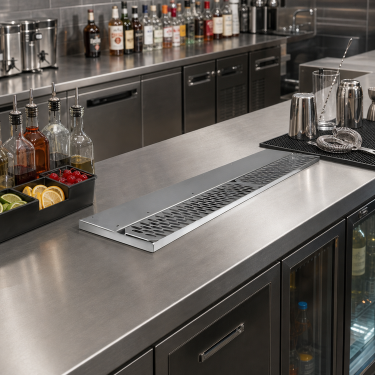 Product image #2 for Glastender 18-Inch Left-Drain Stainless Steel Underbar Drink Rail with Removable Perforated Insert