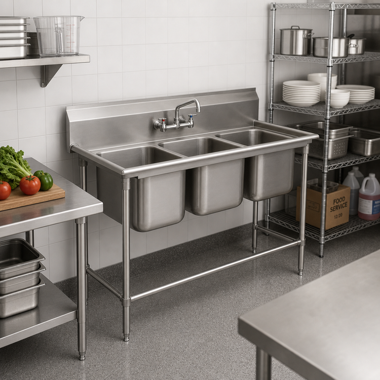 Product image #2 for Advance Tabco Regaline 3-Compartment Deep Drawn Commercial Sink with 16 x 20 Bowls, No Drainboards, 14 Gauge 304 Stainless Steel