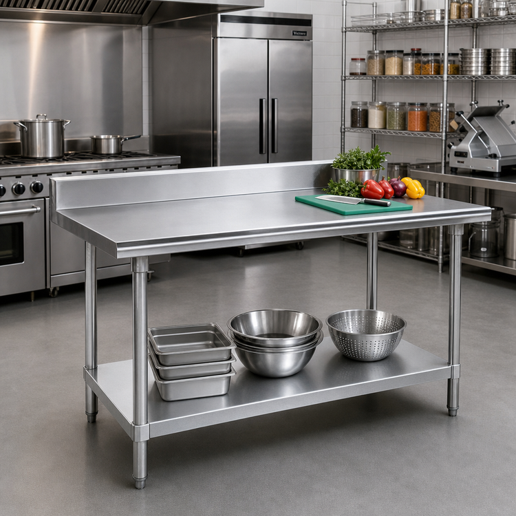Product image #2 for Advance Tabco 108-Inch x 36-Inch 16-Gauge 430 Stainless Steel Work Table with 5-Inch Backsplash and Galvanized Undershelf