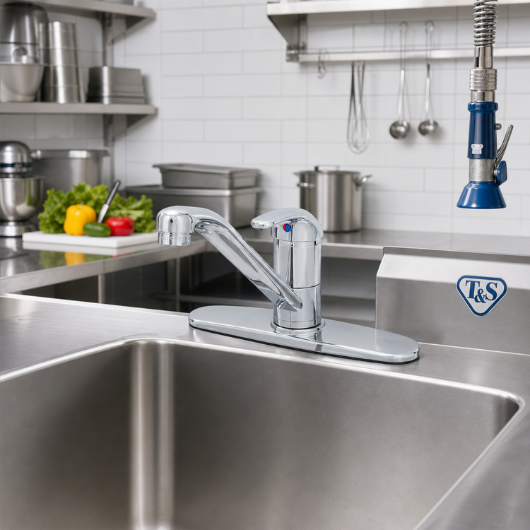 Product image #2 for T&S Brass Low-Lead Single Lever Deck Mount Faucet with 9-Inch Swivel Spout and 0.5 GPM Vandal-Resistant Spray Device