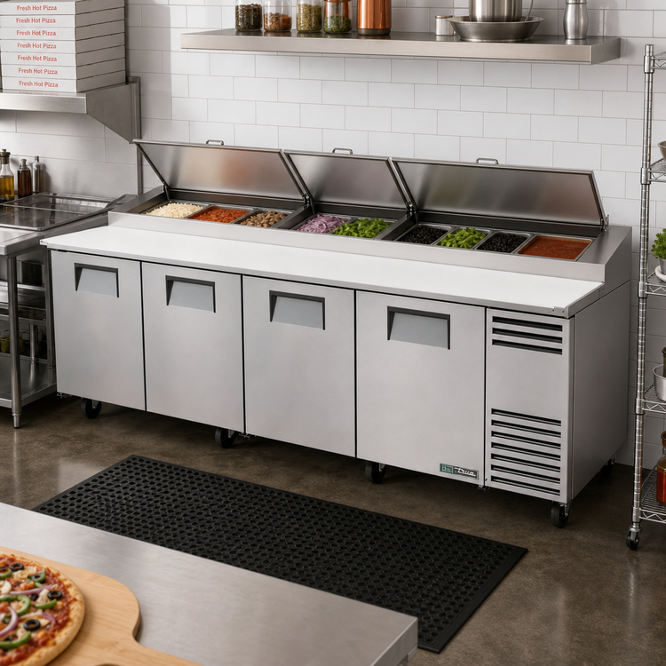 Product image #2 for True TPP-AT-119-HC 4-Section Pizza Prep Table with Side-Mounted Self-Contained Refrigeration