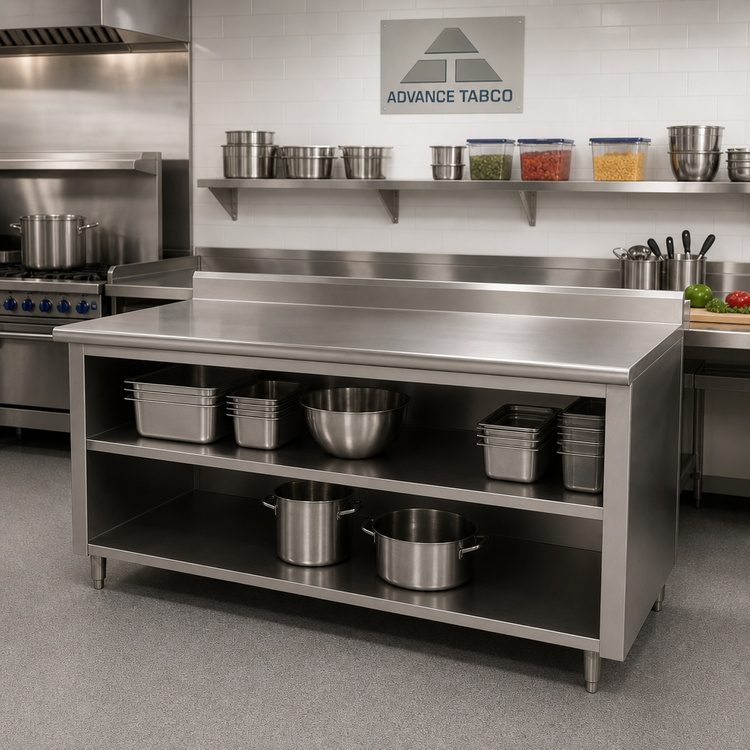 Product image #2 for Advance Tabco 120-Inch 304 Stainless Steel Work Table with Open Front Cabinet Base, Mid-Shelf, and 5-Inch Backsplash