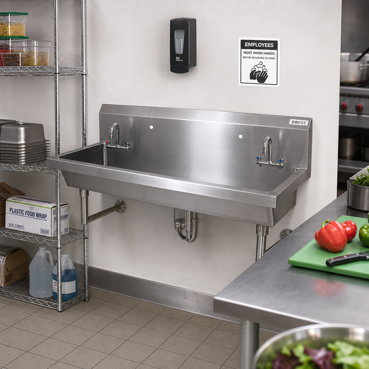 Product image #2 for BK Resources MSHS-60W1 Two-Station Wall-Mounted Stainless Steel Hand Wash Sink, 60 Inch