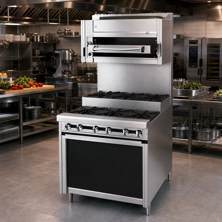 Product image #2 for Titan JTRHE-6-6 Heavy Duty 72-Inch Gas Cabinet Base Step-Up Range with 12 Open Burners