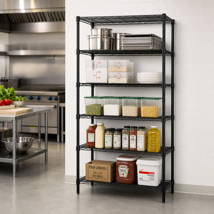 Product image #2 for Quantum 60W x 21D x 74H Wire Shelving Starter Kit with 5 Shelves, Black Epoxy Antimicrobial Finish