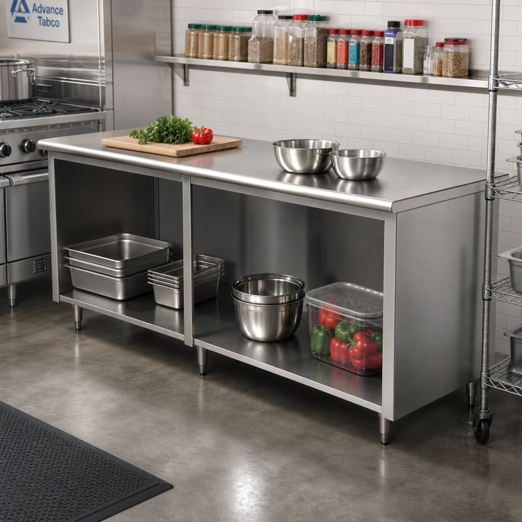 Product image #2 for Advance Tabco Special Value Economy Open Base Work Table, 108W x 30D, Flat Top, 16 Gauge 304 Stainless Steel