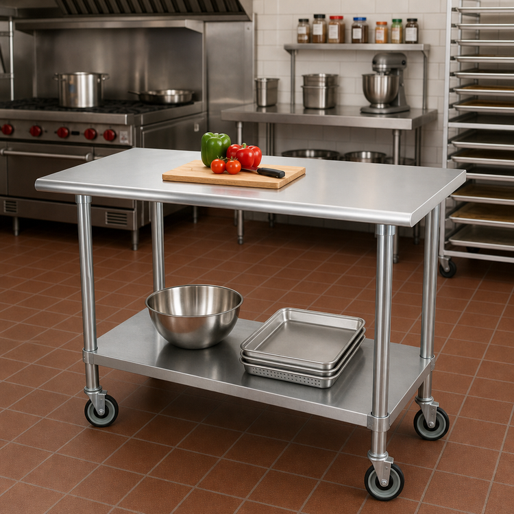 Product image #2 for Advance Tabco Special Value 48-Inch x 30-Inch Flat Top Mobile Work Table with 430 Stainless Steel Top, Adjustable Undershelf and Casters