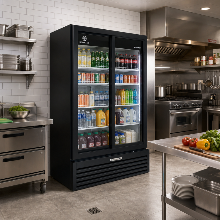 Product image #2 for Beverage Air Marketeer Two-Section Reach-In Glass Door Merchandiser Refrigerator, Sliding Doors, 41.66 Cu. Ft., Bottom-Mount, Black