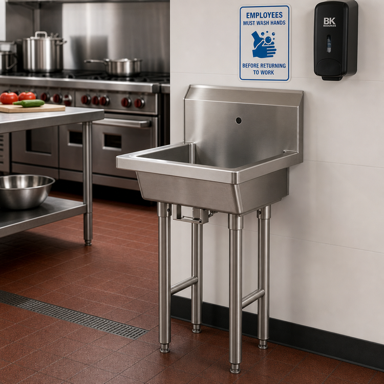 Product image #2 for BK Resources Freestanding Single-Station Stainless Steel Handwash Sink with Single-Hole Splash Mount and Knee Valve Bracket, 24 x 19-7/8 x 8 Inch Bowl