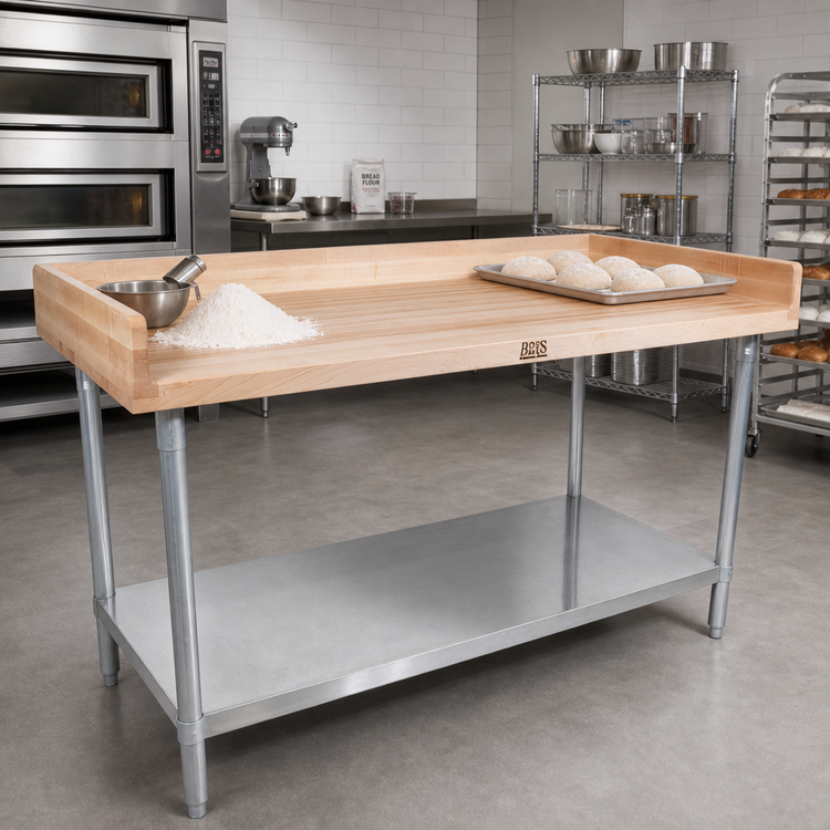 Product image #2 for John Boos 120-Inch x 24-Inch Bakers' Table Wood Top Work Table with 4-Inch Coved Riser and Galvanized Base