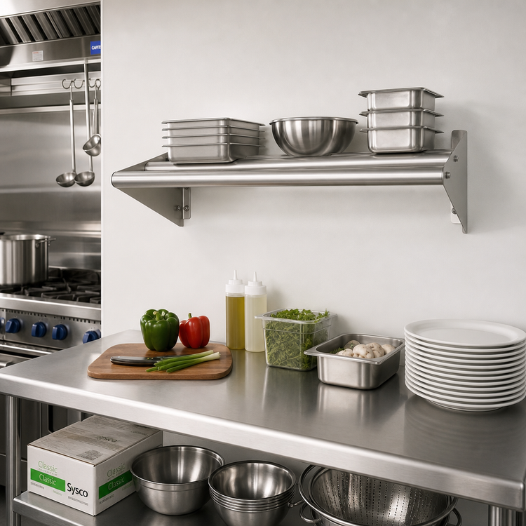 Product image #2 for John Boos Tubular Wall-Mounted Stainless Steel Shelf with End Brackets, 24 x 16 Inches