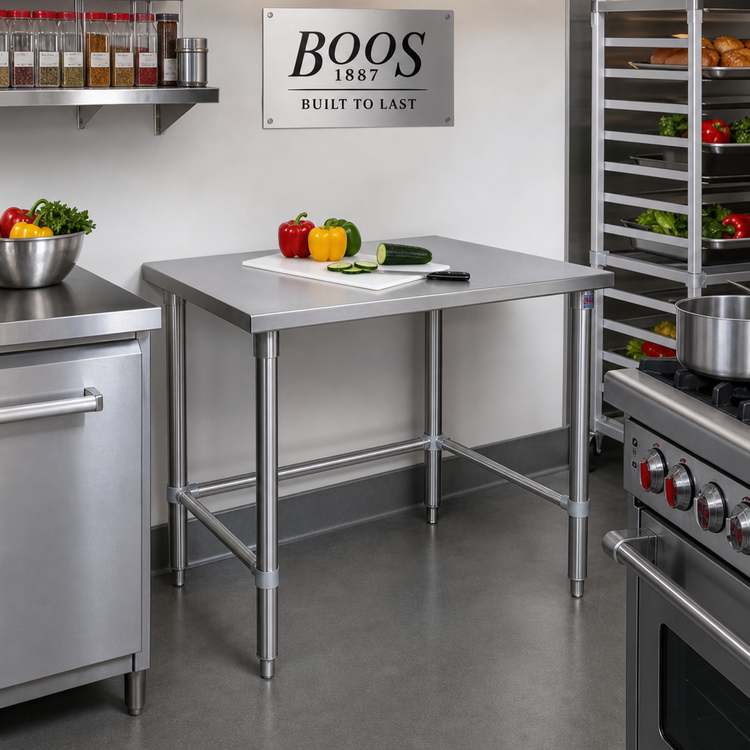 Product image #2 for John Boos Stallion 30-Inch x 30-Inch Corner Work Table with 16 Gauge 300 Series Stainless Steel Flat Top