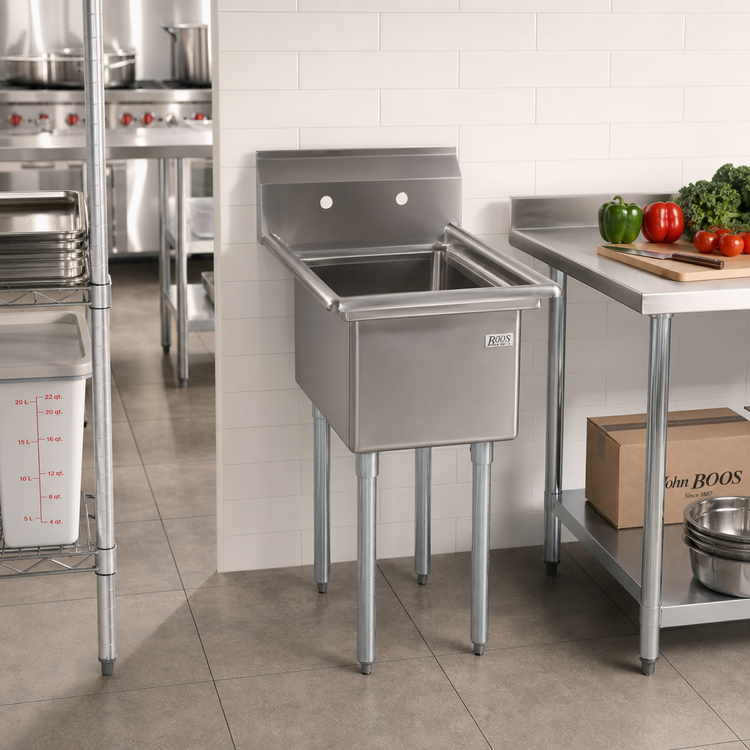 Product image #2 for John Boos E-Series 1-Compartment Stainless Steel Sink, 18 x 18 x 12 Bowl, 9-3/4-Inch Boxed Backsplash, Galvanized Legs