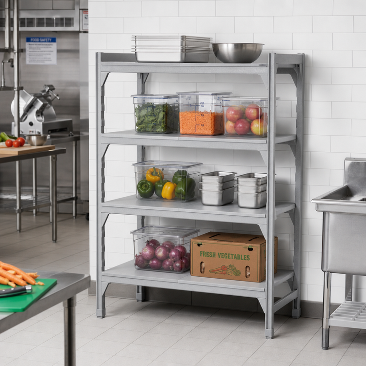 Product image #3 for Cambro Camshelving Premium 24" x 48" Solid 4-Shelf Kit, Speckled Gray