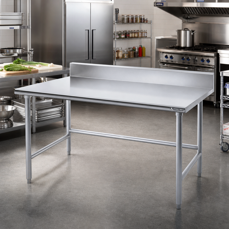 Product image #2 for Advance Tabco 84" x 36" 16-Gauge 430 Stainless Steel Work Table with 5" Backsplash and Galvanized Open Base