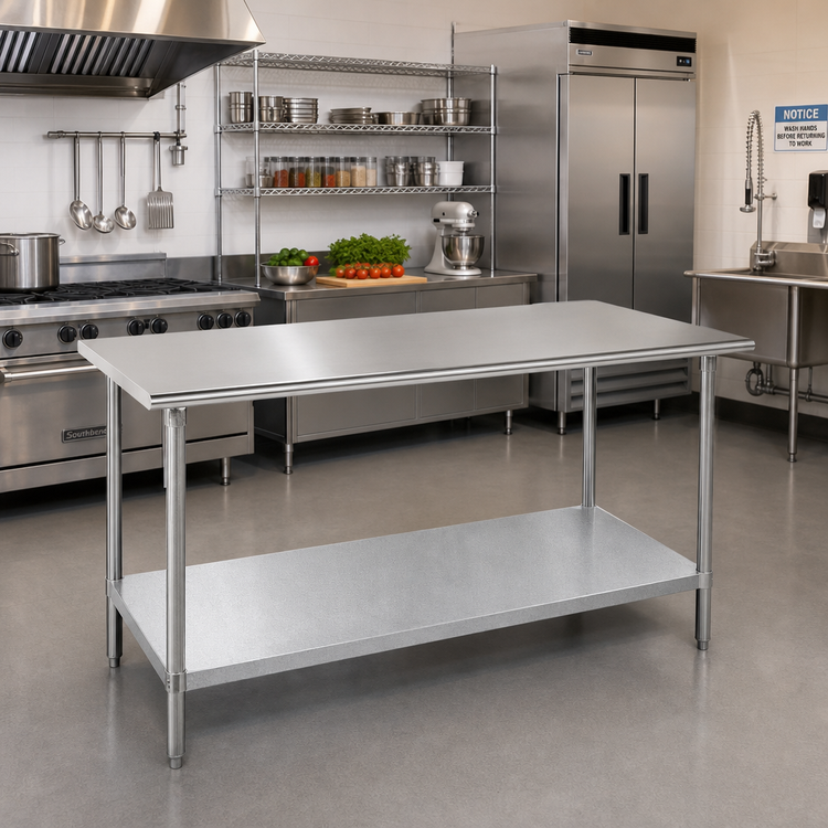 Product image #2 for Advance Tabco 108 Inch x 36 Inch 304 Stainless Steel Flat Top Work Table with Galvanized Undershelf and Legs