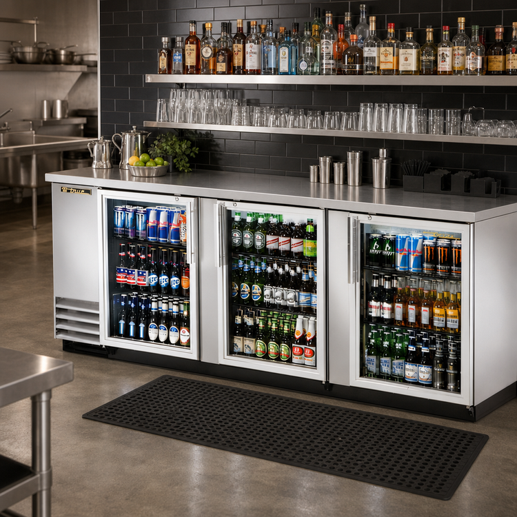 Product image #2 for Self-Contained Three-Section Back Bar Cooler with Locking Glass Doors, 90-3/8-Inch Wide, Stainless Steel Top