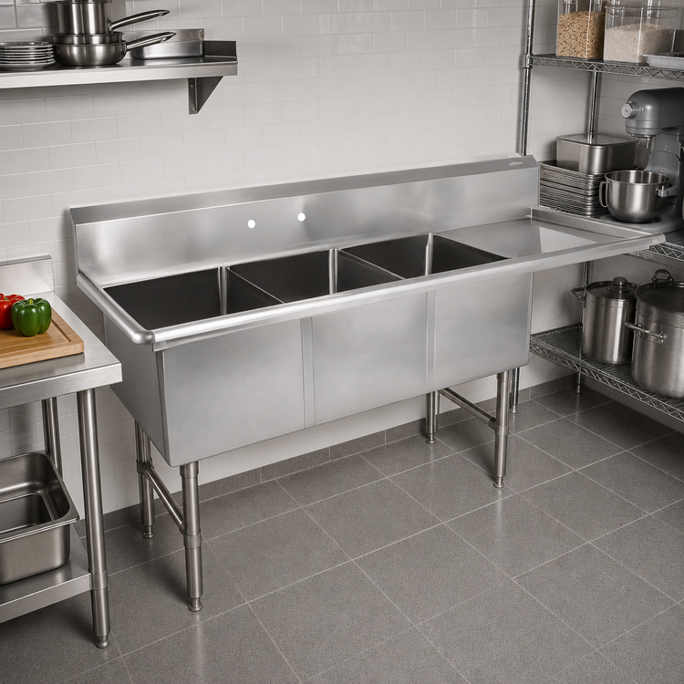 Product image #2 for John Boos B Series 3-Compartment Freestanding Stainless Steel Sink with Right-Hand Drainboard, 14-Inch Deep Bowls