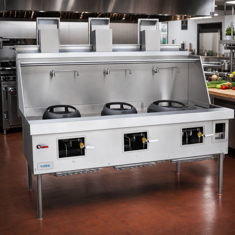 Product image #2 for York 3-Chamber Gas Wok Range with Water-Cooled Top and Chinese Swing Faucets