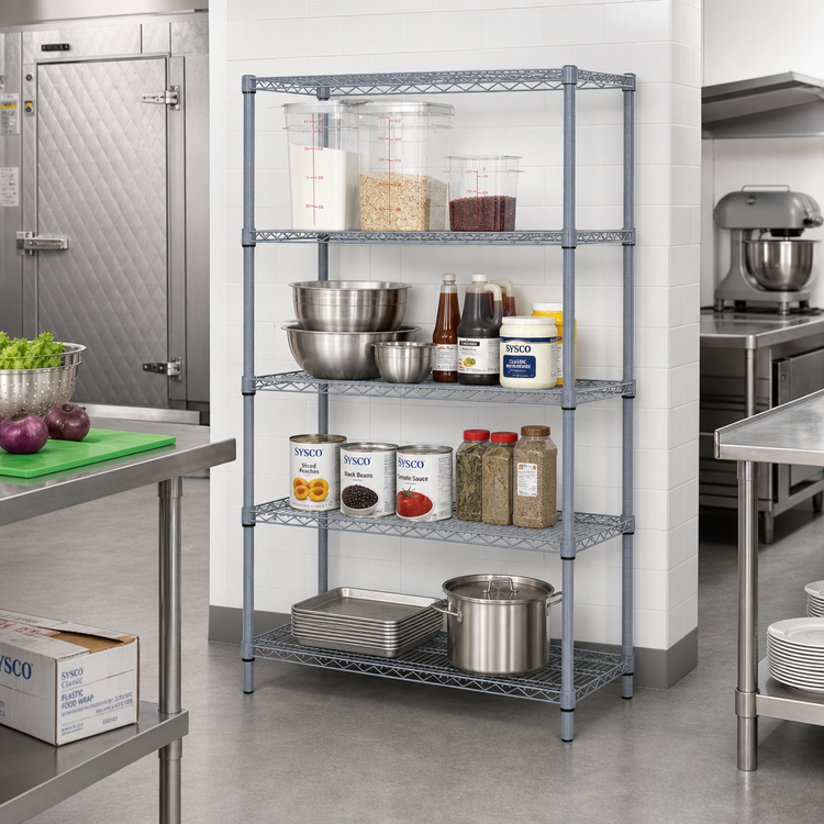 Product image #2 for Quantum Stationary Wire Shelving Starter Kit, 48-Inch W x 14-Inch D x 54-Inch H, 5 Shelves, Gray Epoxy Antimicrobial Finish