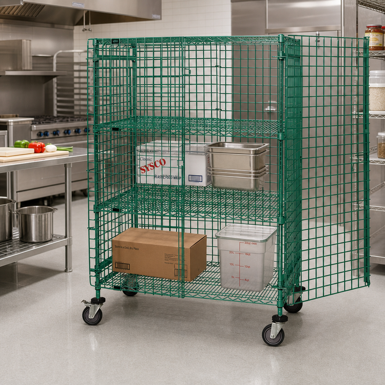 Product image #2 for Quantum Mobile Security Cage Unit, 60W x 21D x 69H, Green Epoxy, 2 Intermediate Shelves